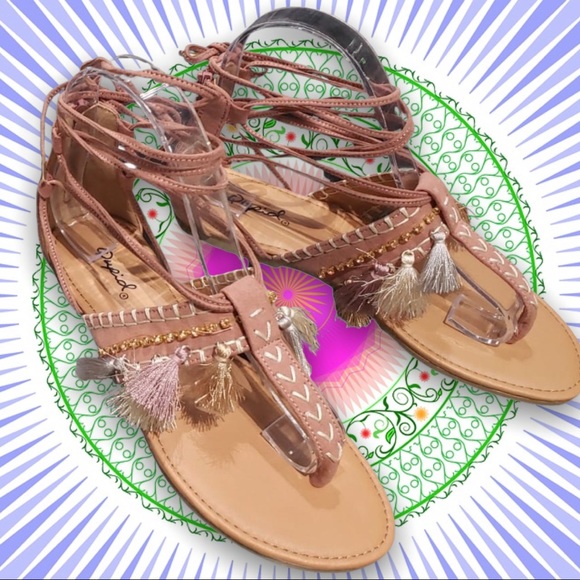 Qupid Shoes - Qupid Mauve, Multi Color Tassel Boho LaceUp Sandal
